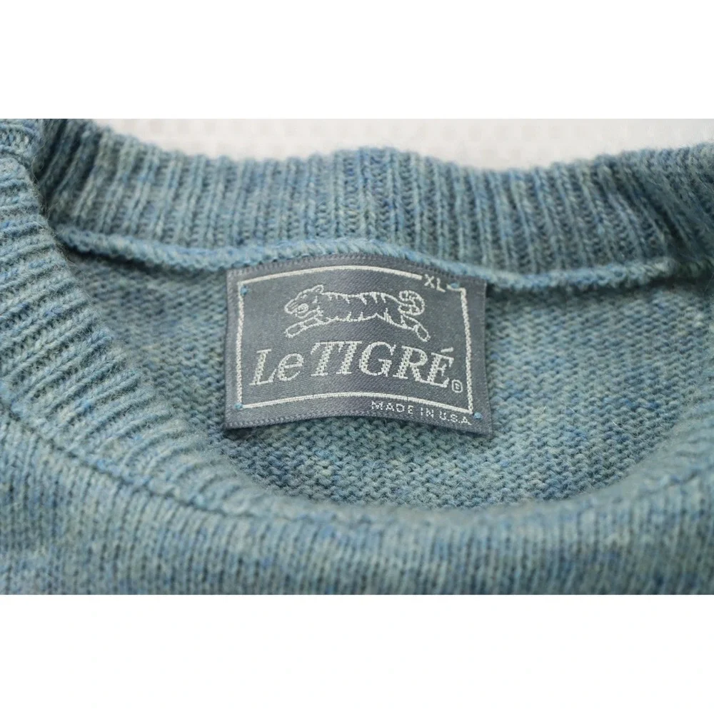 Vintage Le Tigre Wool Knit Sweater XL Blue Heather Crewneck Made in USA 80s